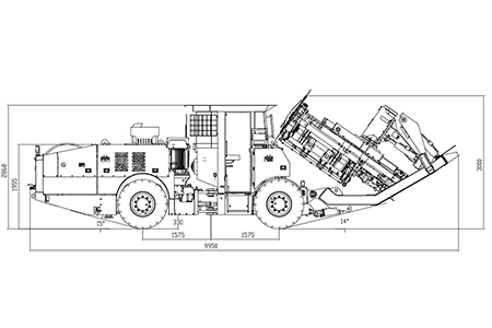 Dimensões externas o jumbo de perfuração  - Vista lateral